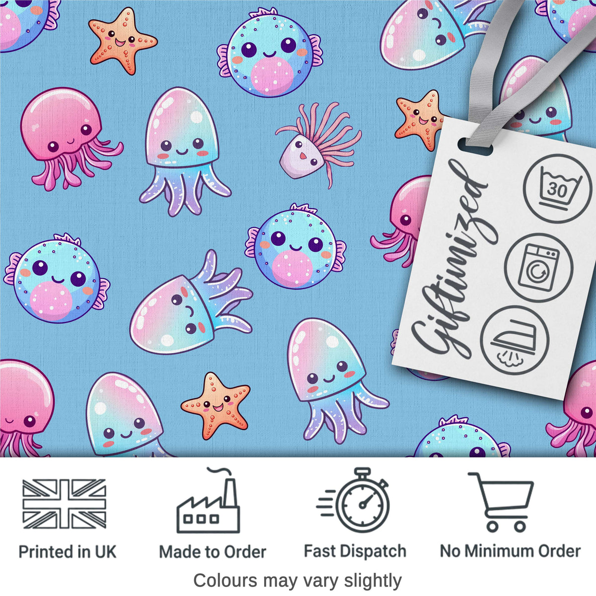 Kawaii Jellyfish Puffer Fish Starfish Pastel Ocean Creatures Blue Background   Digital Print Fabric by the Metre UK Sewing Quilting Textile