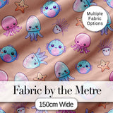 Kawaii Jellyfish Puffer Fish Starfish Pastel Ocean Creatures Peach Background Digital Print Fabric by the Metre UK Sewing Quilting Textile