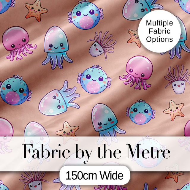 Kawaii Jellyfish Puffer Fish Starfish Pastel Ocean Creatures Peach Background Digital Print Fabric by the Metre UK Sewing Quilting Textile