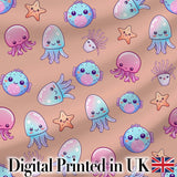 Kawaii Jellyfish Puffer Fish Starfish Pastel Ocean Creatures Peach Background Digital Print Fabric by the Metre UK Sewing Quilting Textile