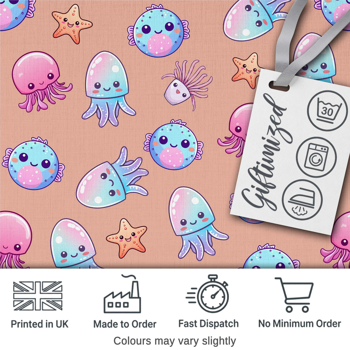 Kawaii Jellyfish Puffer Fish Starfish Pastel Ocean Creatures Peach Background Digital Print Fabric by the Metre UK Sewing Quilting Textile