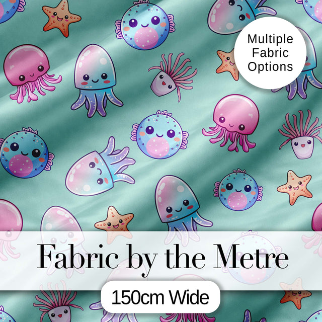 Kawaii Jellyfish Puffer Fish Starfish Pastel Ocean Creatures Mint Background   Digital Print Fabric by the Metre UK Sewing Quilting Textile