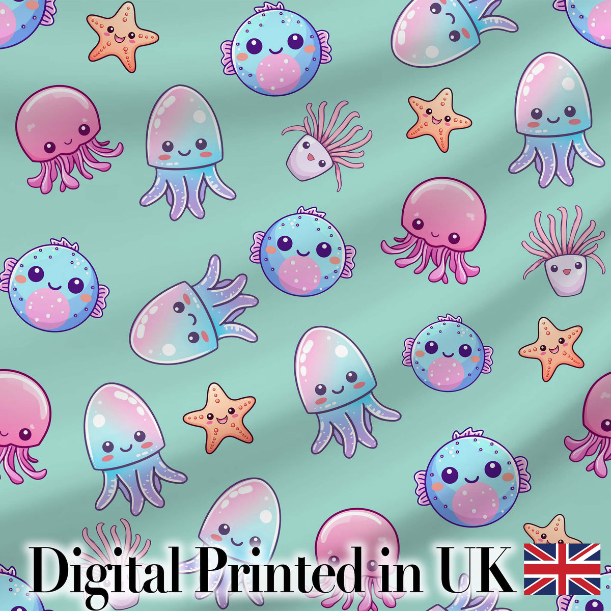 Kawaii Jellyfish Puffer Fish Starfish Pastel Ocean Creatures Mint Background   Digital Print Fabric by the Metre UK Sewing Quilting Textile