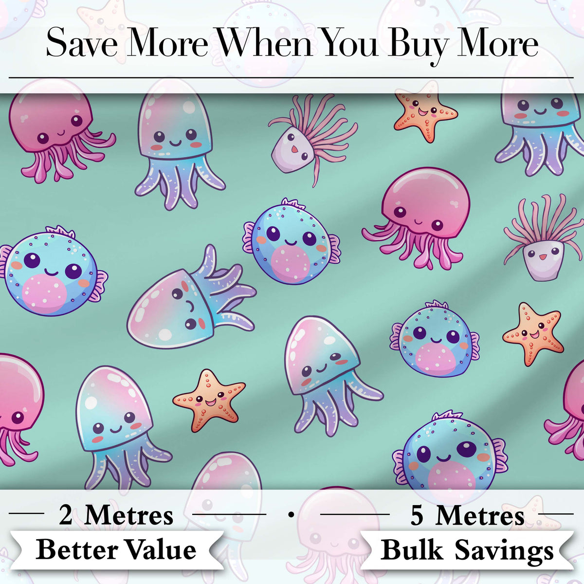 Kawaii Jellyfish Puffer Fish Starfish Pastel Ocean Creatures Mint Background   Digital Print Fabric by the Metre UK Sewing Quilting Textile