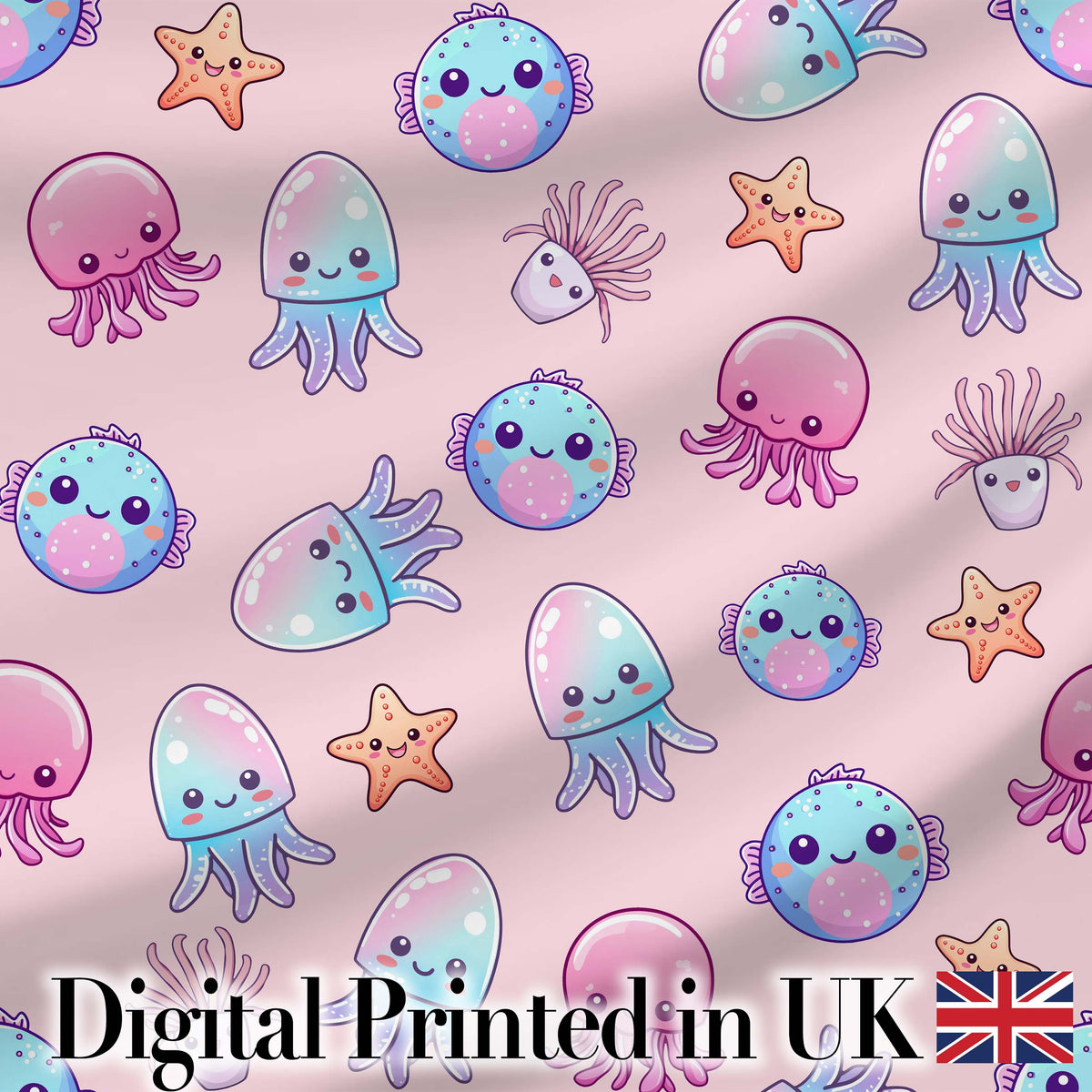 Kawaii Jellyfish Puffer Fish Starfish Pastel Ocean Creatures Pink Background   Digital Print Fabric by the Metre UK Sewing Quilting Textile