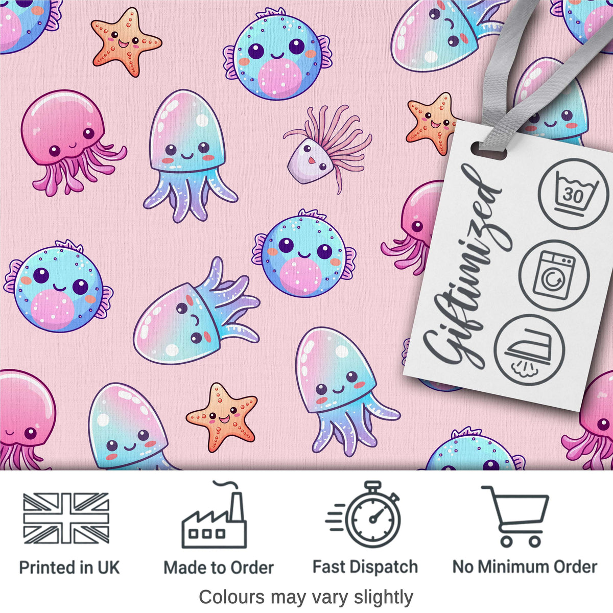 Kawaii Jellyfish Puffer Fish Starfish Pastel Ocean Creatures Pink Background   Digital Print Fabric by the Metre UK Sewing Quilting Textile