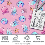 Kawaii Jellyfish Puffer Fish Starfish Pastel Ocean Creatures Rose Background   Digital Print Fabric by the Metre UK Sewing Quilting Textile