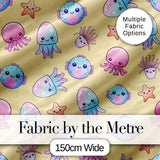 Kawaii Jellyfish Puffer Fish Starfish Pastel Ocean Creatures Yellow Background Digital Print Fabric by the Metre UK Sewing Quilting Textile