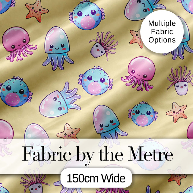 Kawaii Jellyfish Puffer Fish Starfish Pastel Ocean Creatures Yellow Background Digital Print Fabric by the Metre UK Sewing Quilting Textile