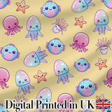 Kawaii Jellyfish Puffer Fish Starfish Pastel Ocean Creatures Yellow Background Digital Print Fabric by the Metre UK Sewing Quilting Textile
