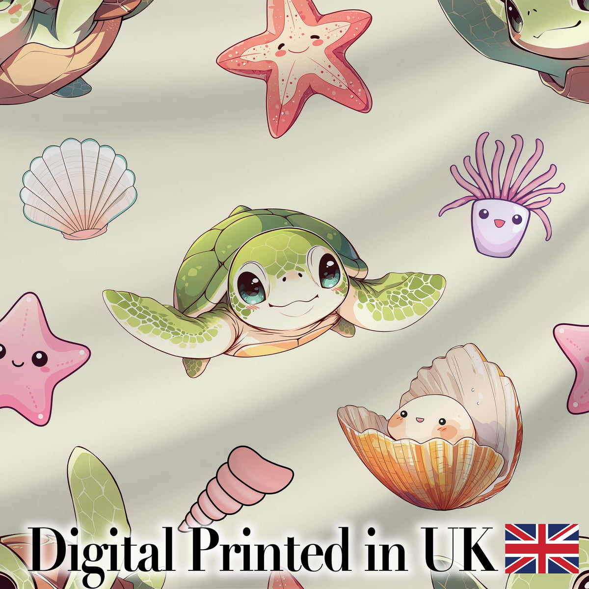 Cute Kawaii Sea Turtle Starfish Shells Ocean Friends Cream Background  Pattern Digital Print Fabric by the Metre UK Sewing Quilting Textile