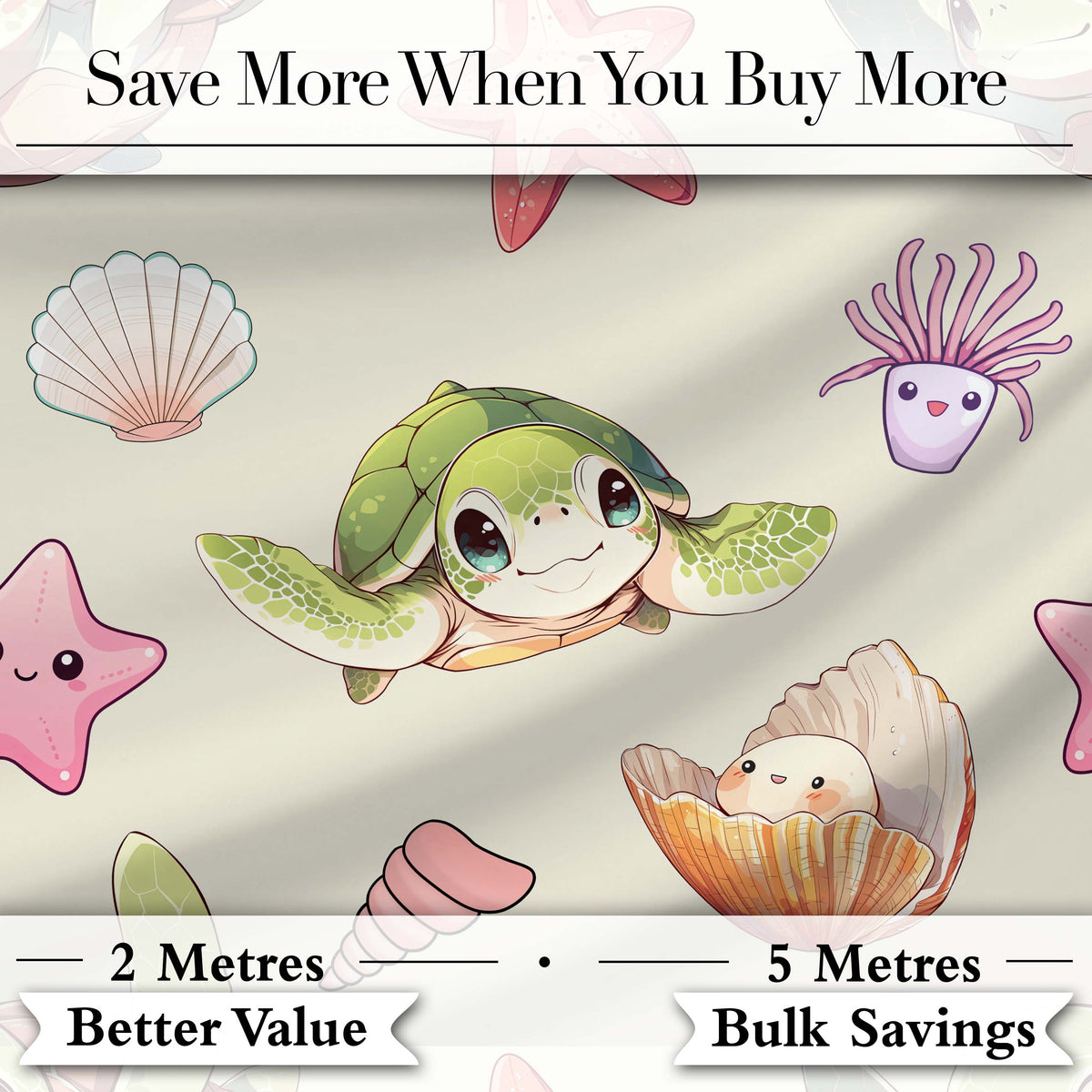Cute Kawaii Sea Turtle Starfish Shells Ocean Friends Cream Background  Pattern Digital Print Fabric by the Metre UK Sewing Quilting Textile