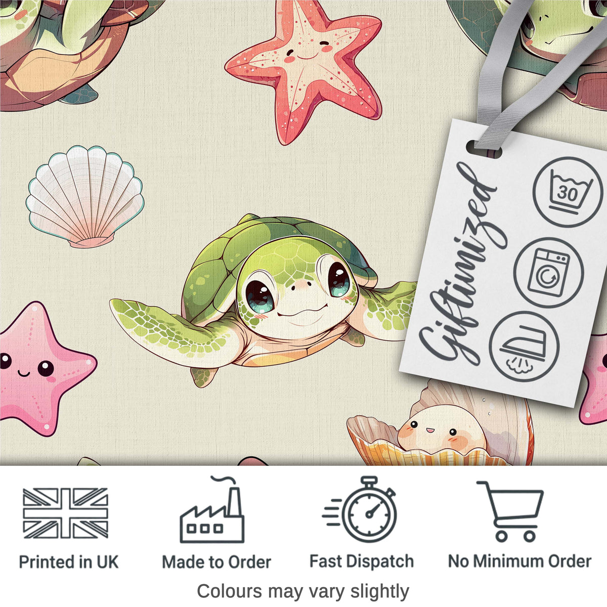 Cute Kawaii Sea Turtle Starfish Shells Ocean Friends Cream Background  Pattern Digital Print Fabric by the Metre UK Sewing Quilting Textile