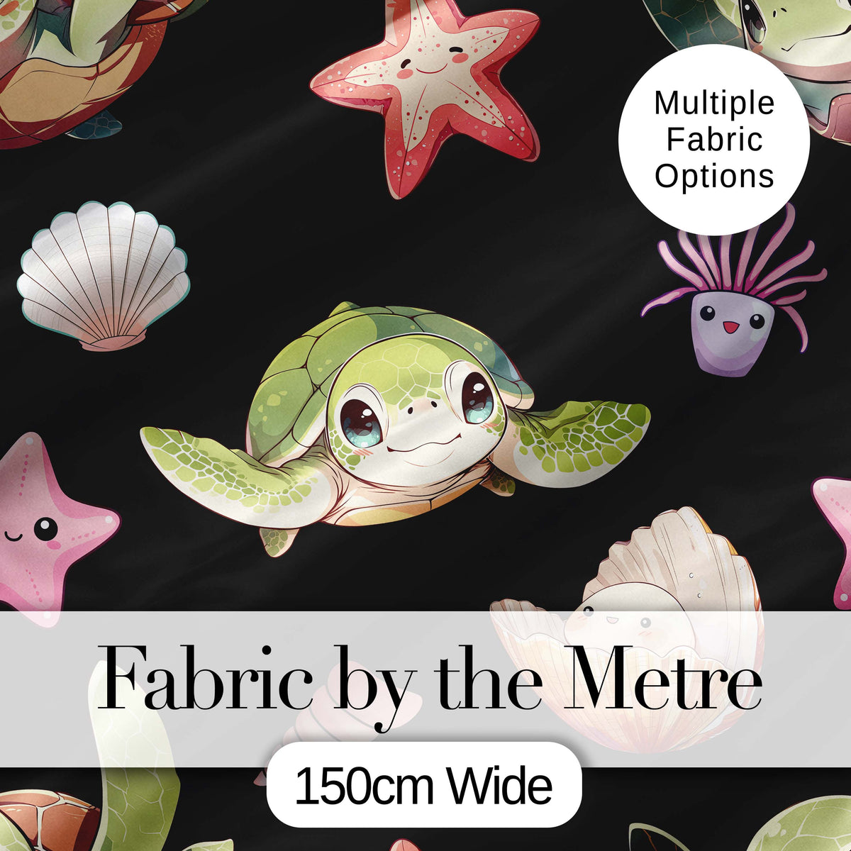 Cute Kawaii Sea Turtle Starfish Shells Ocean Friends Black Background  Pattern Digital Print Fabric by the Metre UK Sewing Quilting Textile