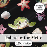 Cute Kawaii Sea Turtle Starfish Shells Ocean Friends Black Background  Pattern Digital Print Fabric by the Metre UK Sewing Quilting Textile