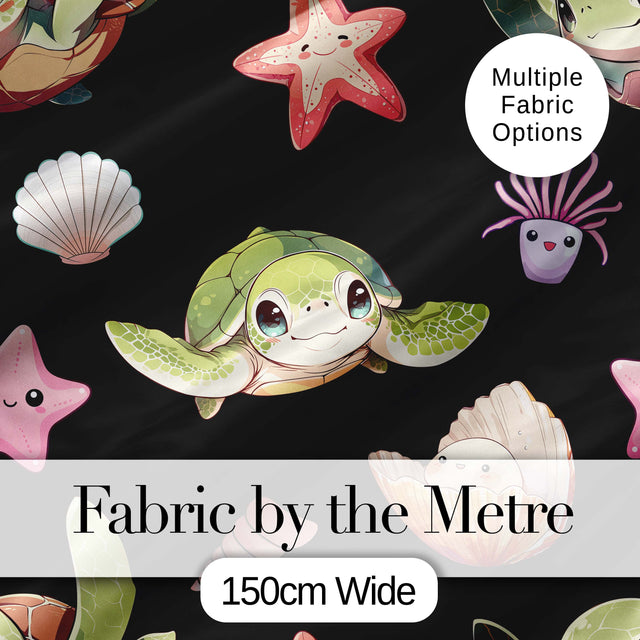 Cute Kawaii Sea Turtle Starfish Shells Ocean Friends Black Background  Pattern Digital Print Fabric by the Metre UK Sewing Quilting Textile
