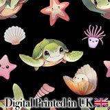 Cute Kawaii Sea Turtle Starfish Shells Ocean Friends Black Background  Pattern Digital Print Fabric by the Metre UK Sewing Quilting Textile