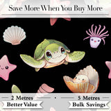 Cute Kawaii Sea Turtle Starfish Shells Ocean Friends Black Background  Pattern Digital Print Fabric by the Metre UK Sewing Quilting Textile