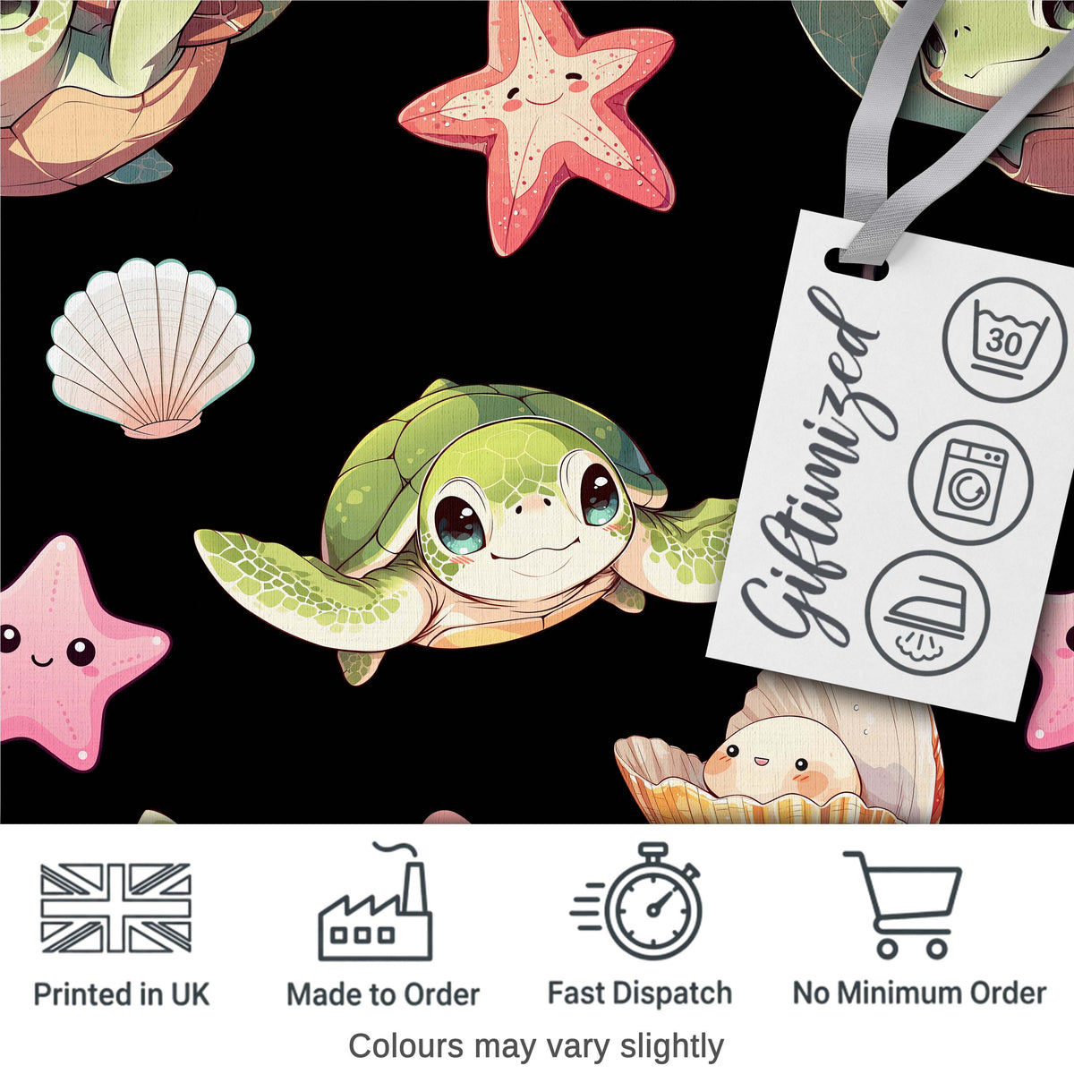 Cute Kawaii Sea Turtle Starfish Shells Ocean Friends Black Background  Pattern Digital Print Fabric by the Metre UK Sewing Quilting Textile