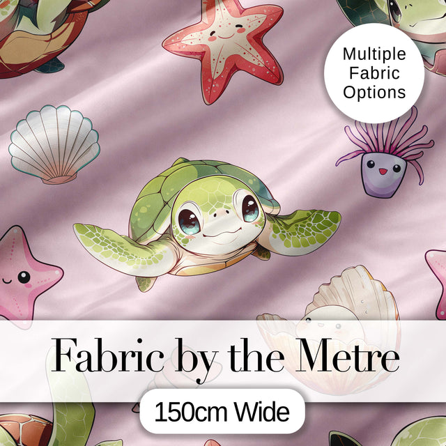 Cute Kawaii Sea Turtle Starfish Shells Ocean Friends Blush Background  Pattern Digital Print Fabric by the Metre UK Sewing Quilting Textile
