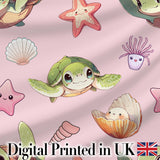 Cute Kawaii Sea Turtle Starfish Shells Ocean Friends Blush Background  Pattern Digital Print Fabric by the Metre UK Sewing Quilting Textile