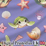 Cute Kawaii Sea Turtle Starfish Shells Ocean Friends Lavender Background   Digital Print Fabric by the Metre UK Sewing Quilting Textile