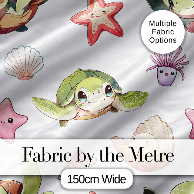 Cute Kawaii Sea Turtle Starfish Shells Ocean Friends Light Grey Background   Digital Print Fabric by the Metre UK Sewing Quilting Textile