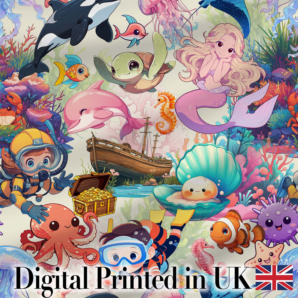 Cute Underwater Ocean Scene Mermaid Dolphin Turtle Treasure Seamless Pattern Digital Print Fabric by the Metre UK Sewing Quilting Textile