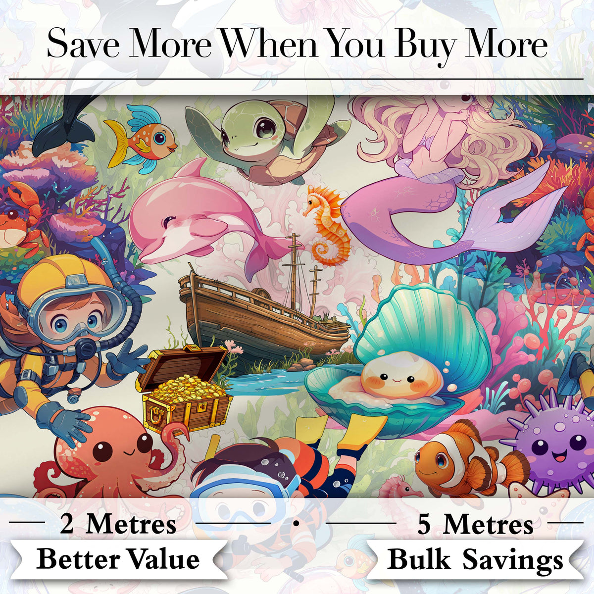 Cute Underwater Ocean Scene Mermaid Dolphin Turtle Treasure Seamless Pattern Digital Print Fabric by the Metre UK Sewing Quilting Textile