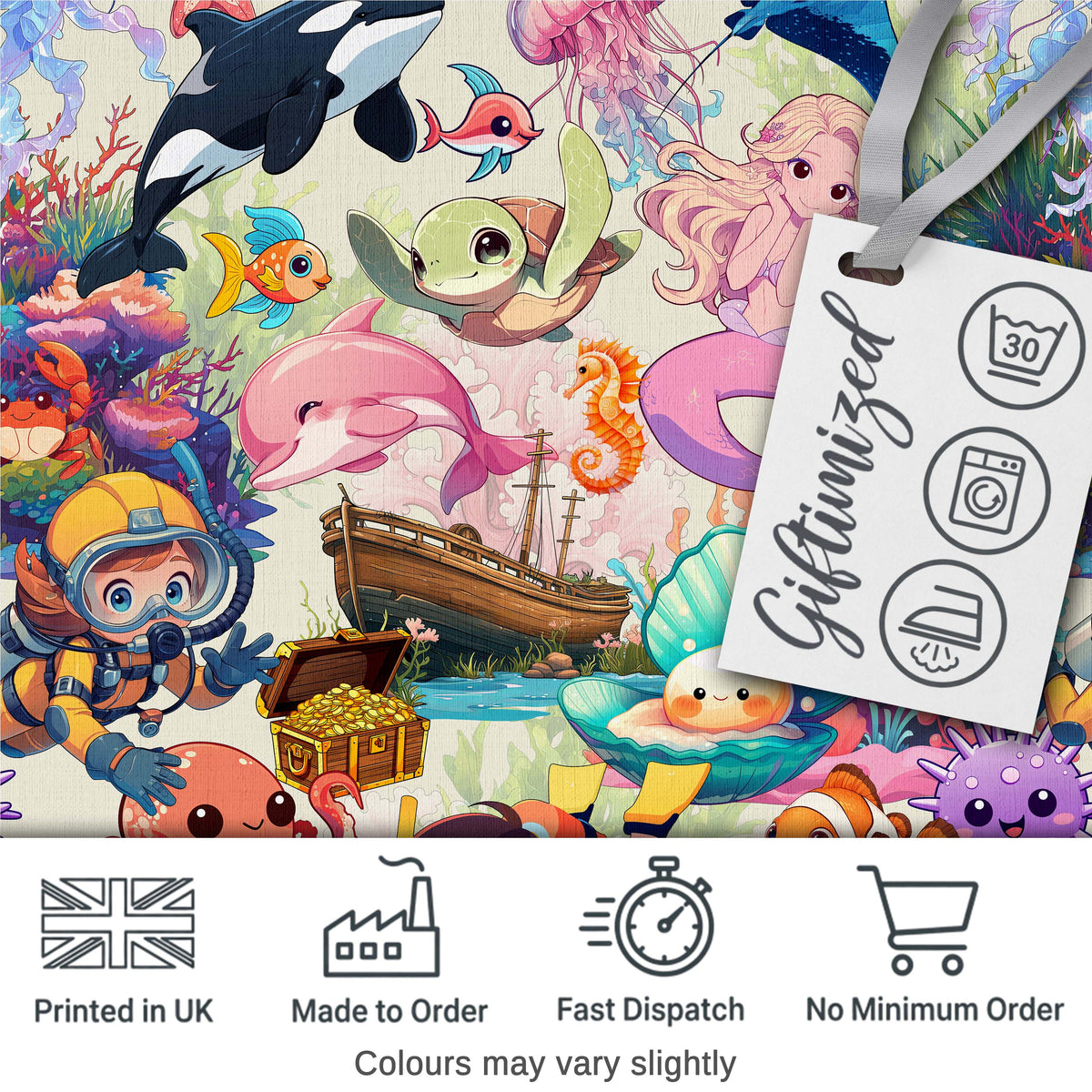 Cute Underwater Ocean Scene Mermaid Dolphin Turtle Treasure Seamless Pattern Digital Print Fabric by the Metre UK Sewing Quilting Textile