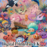 Cute Underwater Ocean Scene Mermaid Dolphin Turtle Treasure Peach  Pattern Digital Print Fabric by the Metre UK Sewing Quilting Textile