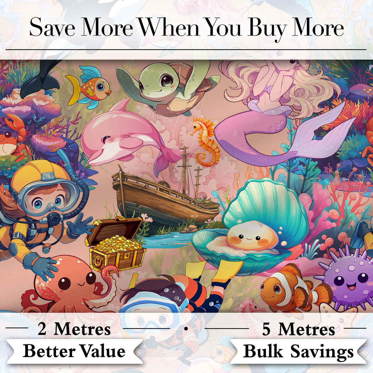 Cute Underwater Ocean Scene Mermaid Dolphin Turtle Treasure Peach  Pattern Digital Print Fabric by the Metre UK Sewing Quilting Textile