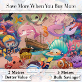 Cute Underwater Ocean Scene Mermaid Dolphin Turtle Treasure Peach  Pattern Digital Print Fabric by the Metre UK Sewing Quilting Textile