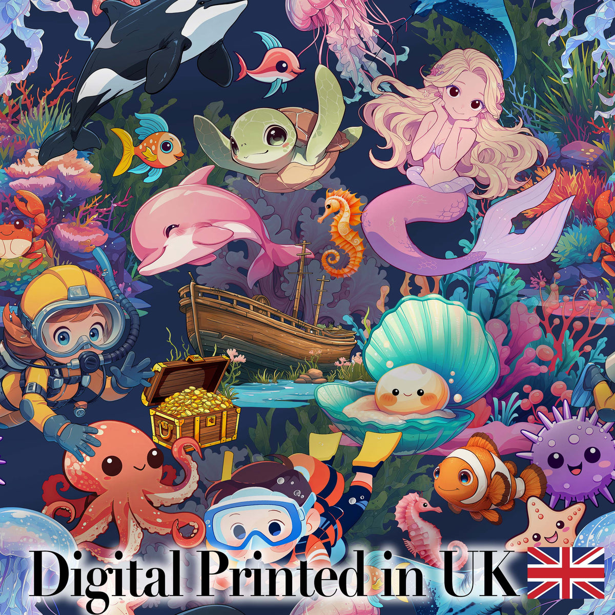 Cute Underwater Ocean Scene Mermaid Dolphin Turtle Treasure Dark  Pattern Digital Print Fabric by the Metre UK Sewing Quilting Textile