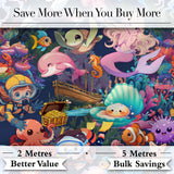 Cute Underwater Ocean Scene Mermaid Dolphin Turtle Treasure Dark  Pattern Digital Print Fabric by the Metre UK Sewing Quilting Textile