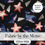 Cute Kawaii Whale Starfish Seashell Ocean Animals Black Background  Pattern Digital Print Fabric by the Metre UK Sewing Quilting Textile
