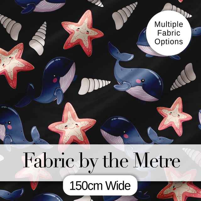 Cute Kawaii Whale Starfish Seashell Ocean Animals Black Background  Pattern Digital Print Fabric by the Metre UK Sewing Quilting Textile