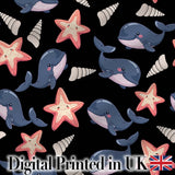 Cute Kawaii Whale Starfish Seashell Ocean Animals Black Background  Pattern Digital Print Fabric by the Metre UK Sewing Quilting Textile