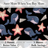 Cute Kawaii Whale Starfish Seashell Ocean Animals Black Background  Pattern Digital Print Fabric by the Metre UK Sewing Quilting Textile