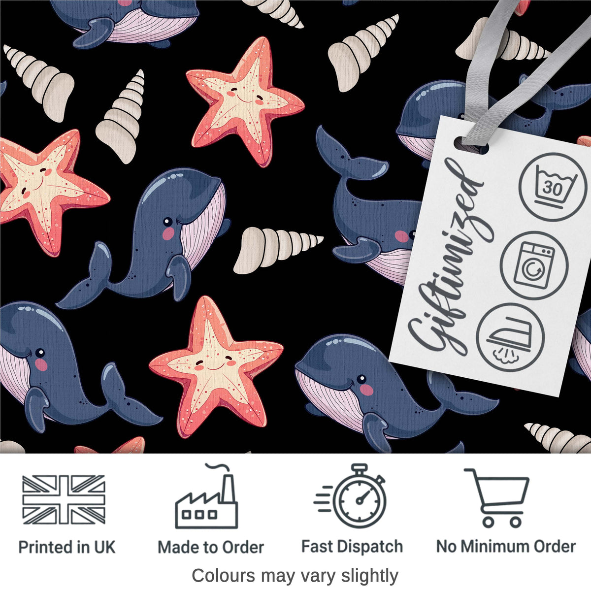Cute Kawaii Whale Starfish Seashell Ocean Animals Black Background  Pattern Digital Print Fabric by the Metre UK Sewing Quilting Textile