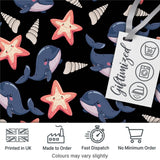Cute Kawaii Whale Starfish Seashell Ocean Animals Black Background  Pattern Digital Print Fabric by the Metre UK Sewing Quilting Textile