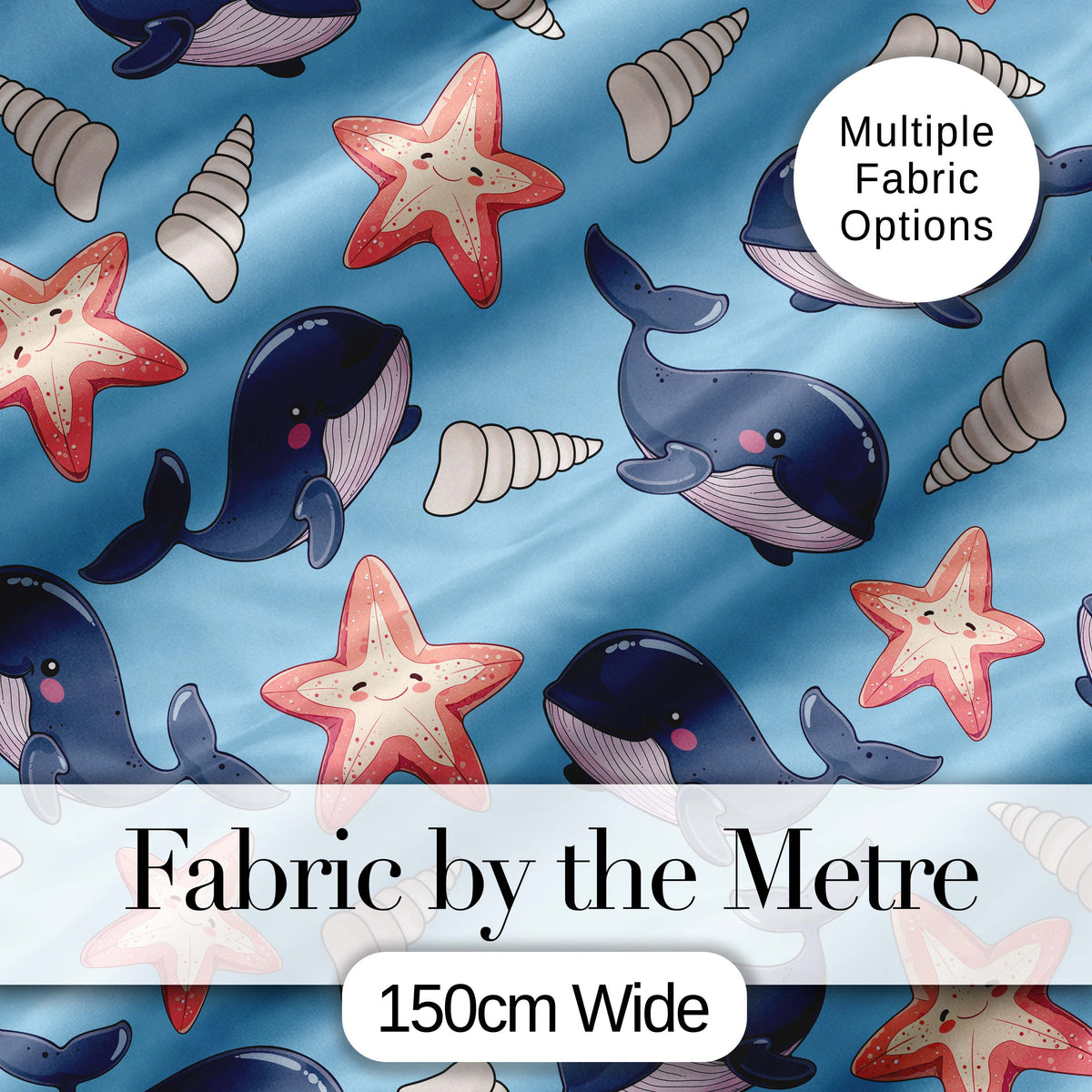 Cute Kawaii Whale Starfish Seashell Ocean Animals Blue Background  Pattern Digital Print Fabric by the Metre UK Sewing Quilting Textile
