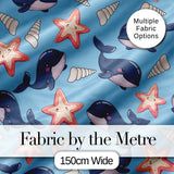 Cute Kawaii Whale Starfish Seashell Ocean Animals Blue Background  Pattern Digital Print Fabric by the Metre UK Sewing Quilting Textile