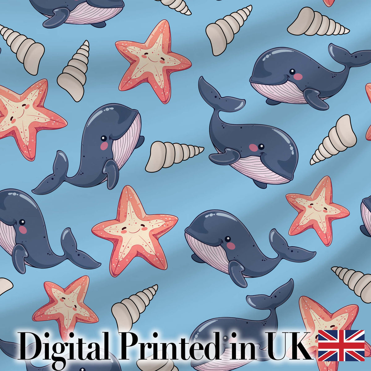 Cute Kawaii Whale Starfish Seashell Ocean Animals Blue Background  Pattern Digital Print Fabric by the Metre UK Sewing Quilting Textile
