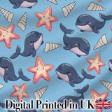 Cute Kawaii Whale Starfish Seashell Ocean Animals Blue Background  Pattern Digital Print Fabric by the Metre UK Sewing Quilting Textile
