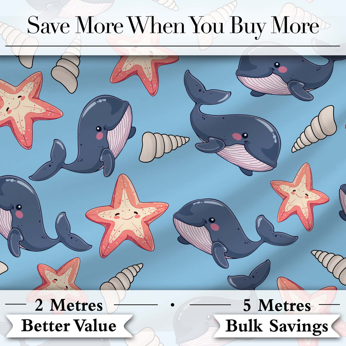 Cute Kawaii Whale Starfish Seashell Ocean Animals Blue Background  Pattern Digital Print Fabric by the Metre UK Sewing Quilting Textile