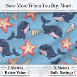 Cute Kawaii Whale Starfish Seashell Ocean Animals Blue Background  Pattern Digital Print Fabric by the Metre UK Sewing Quilting Textile