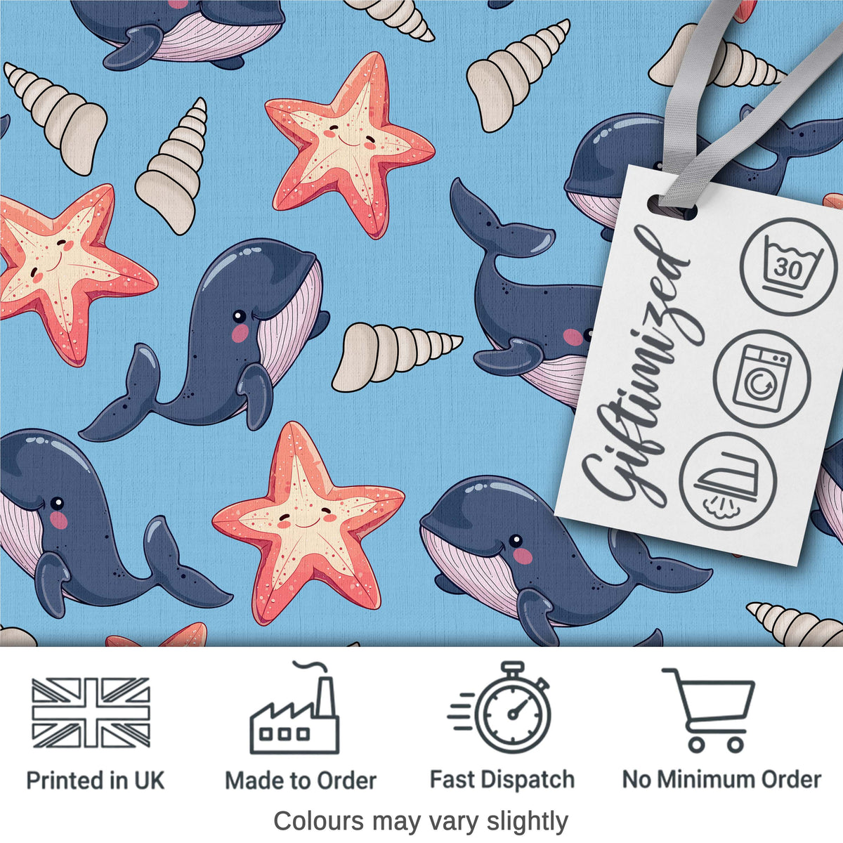 Cute Kawaii Whale Starfish Seashell Ocean Animals Blue Background  Pattern Digital Print Fabric by the Metre UK Sewing Quilting Textile