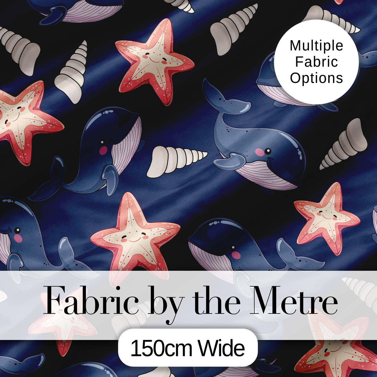 Cute Kawaii Whale Starfish Seashell Ocean Animals Navy Background  Pattern Digital Print Fabric by the Metre UK Sewing Quilting Textile