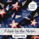 Cute Kawaii Whale Starfish Seashell Ocean Animals Navy Background  Pattern Digital Print Fabric by the Metre UK Sewing Quilting Textile